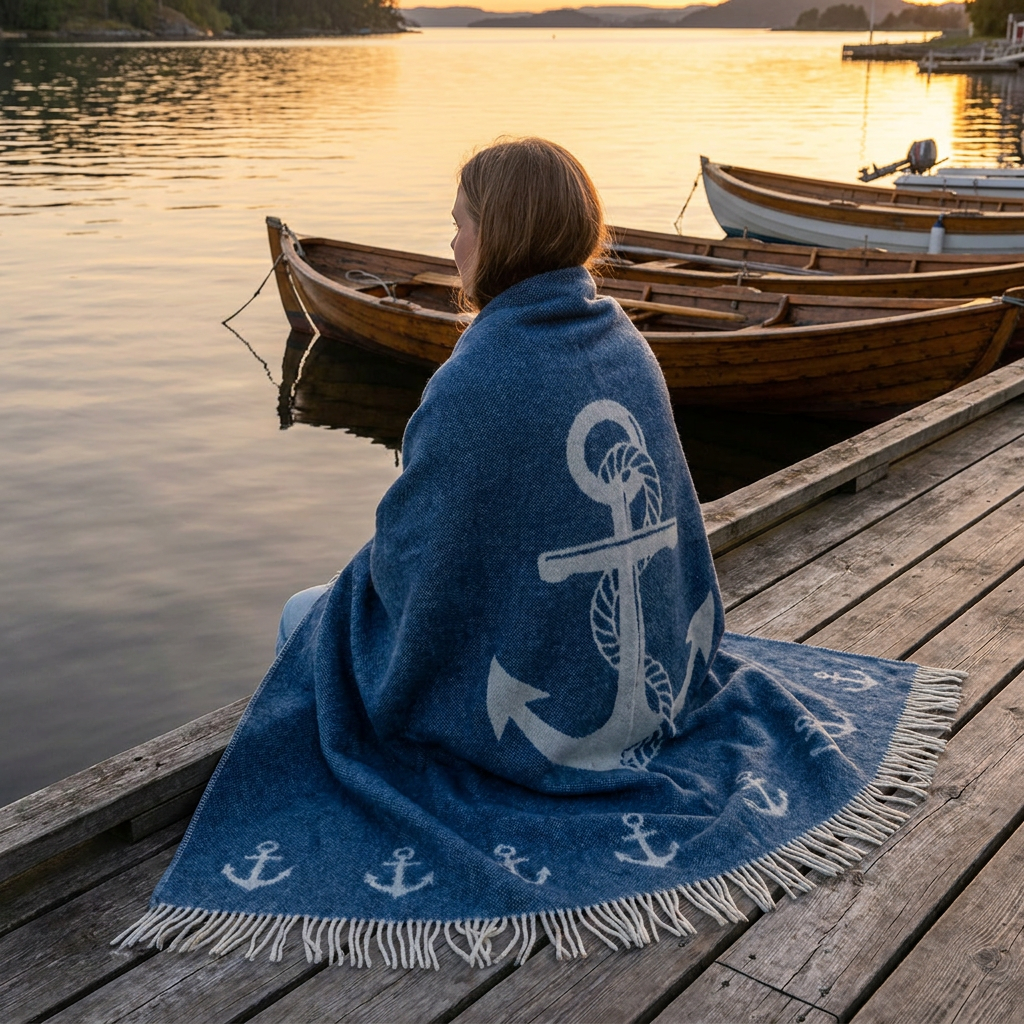 ANKER ullpledd på brygge ved solnedgang – Tuva Tøv